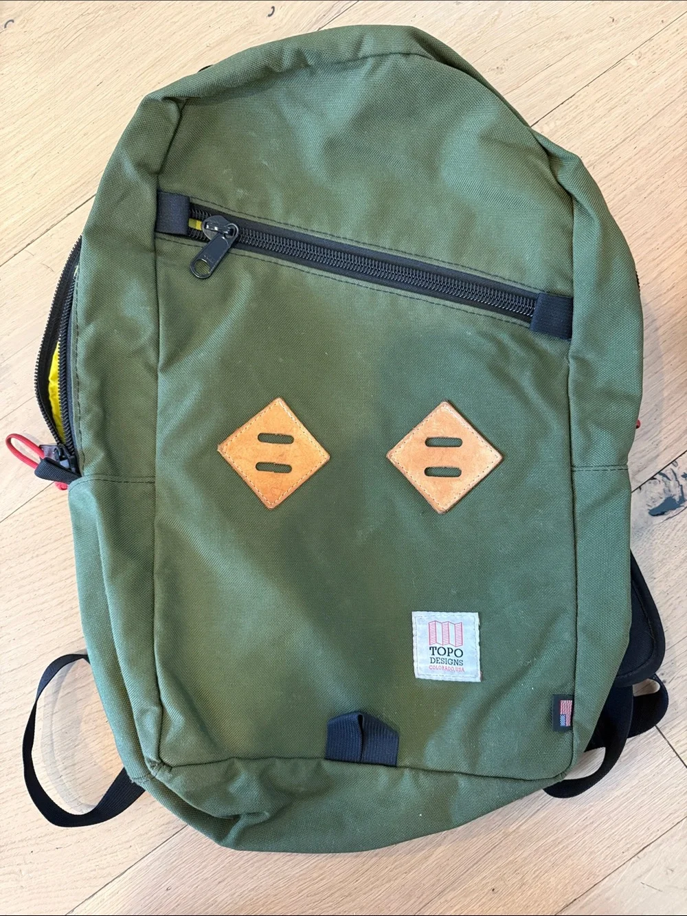 Topo Designs Olive Green Backpack with Leather Lash Tabs